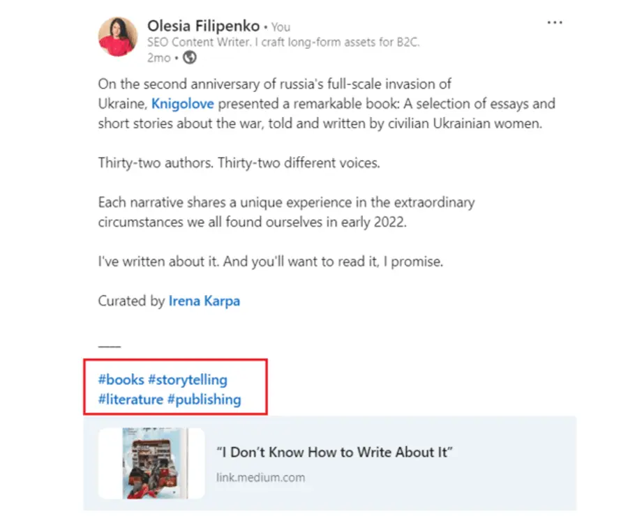 Relevant hashtags in post example