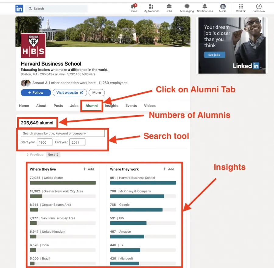 LinkedIn alumni search