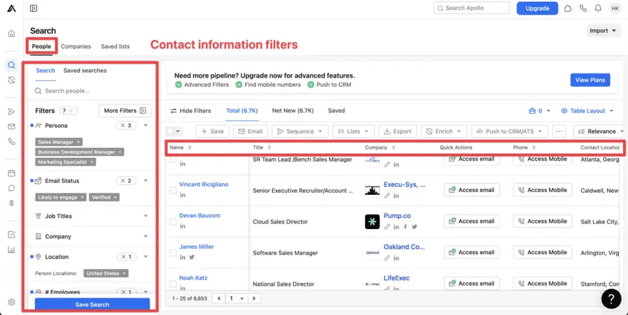 apollo contact data filters to find leads and prospect