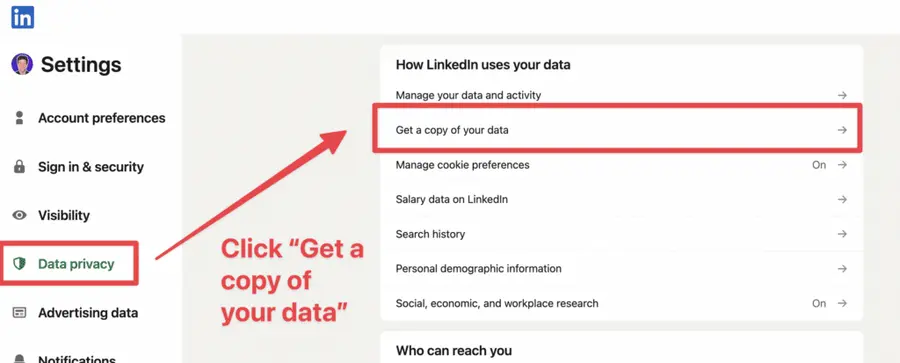 click get a copy of your data