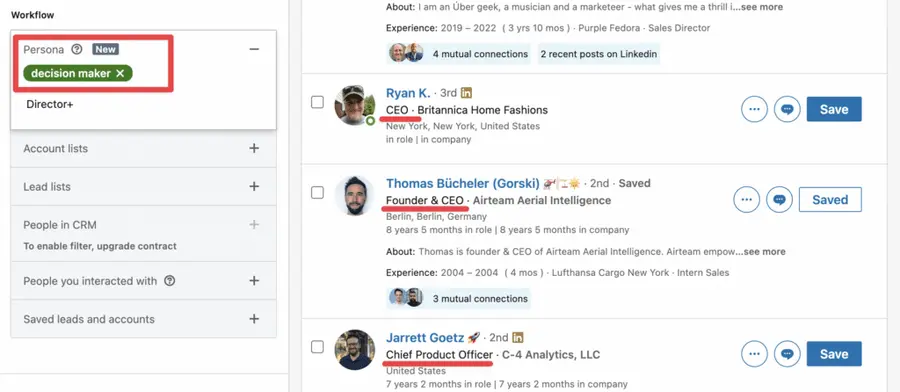persona filter for finding decision makers