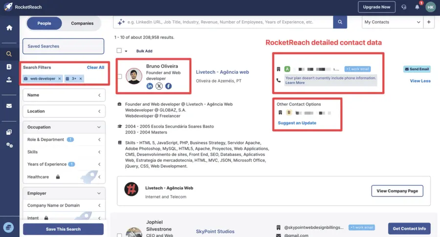 rocketreach data finder contact data dashboard