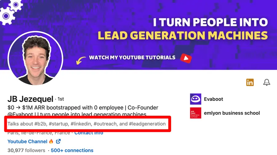Hashtags in profile example