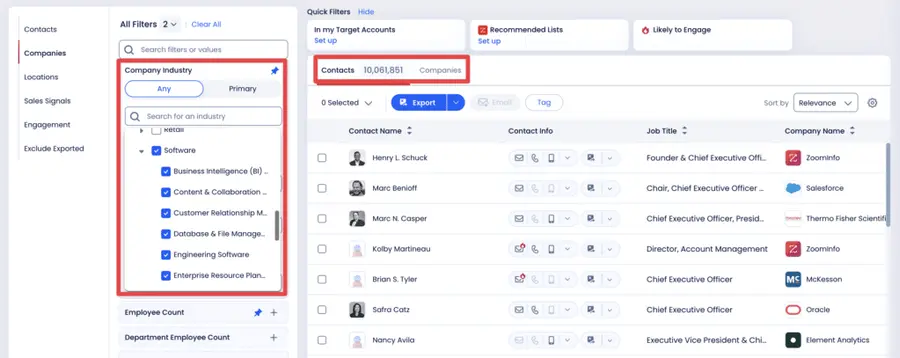 company industry filters zoominfo