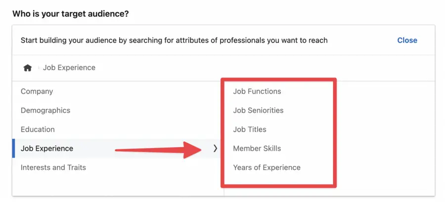 job experience target audience filter linkedin ads