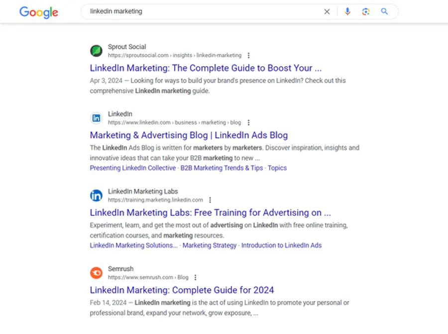 Google search results page for 'LinkedIn marketing,' showing top articles from Sprout Social, LinkedIn Ads Blog, LinkedIn Marketing Labs, and Semrush.