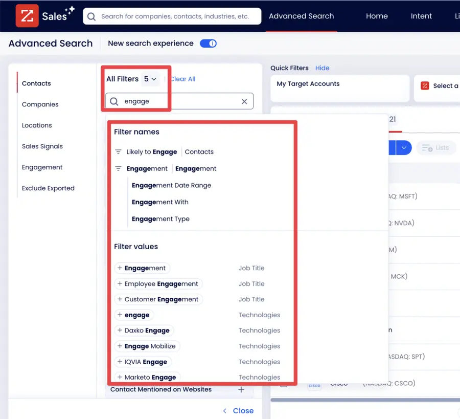 zoominfo advanced search filters