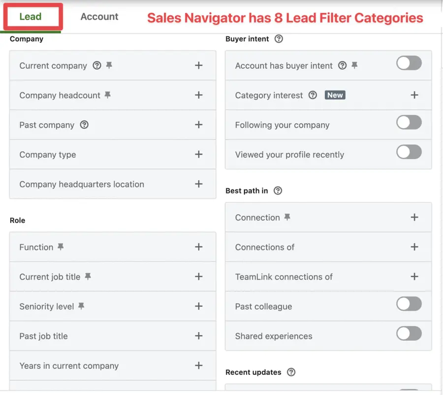 lead filter types sales navigator
