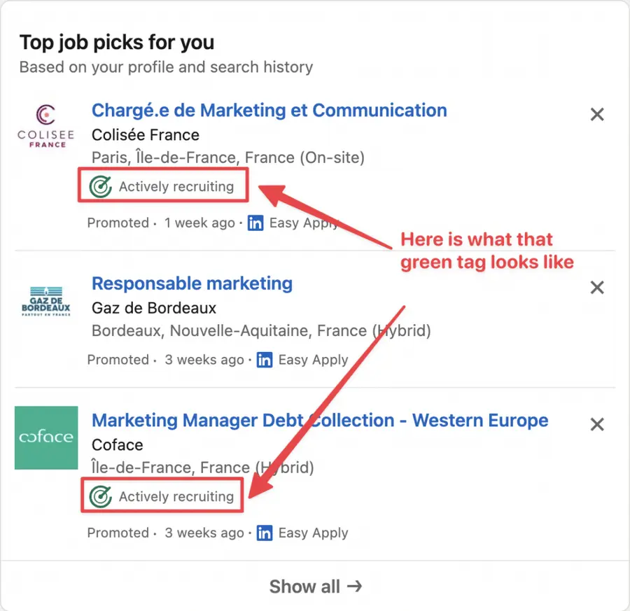 where to find actively recruiting tag on linkedin