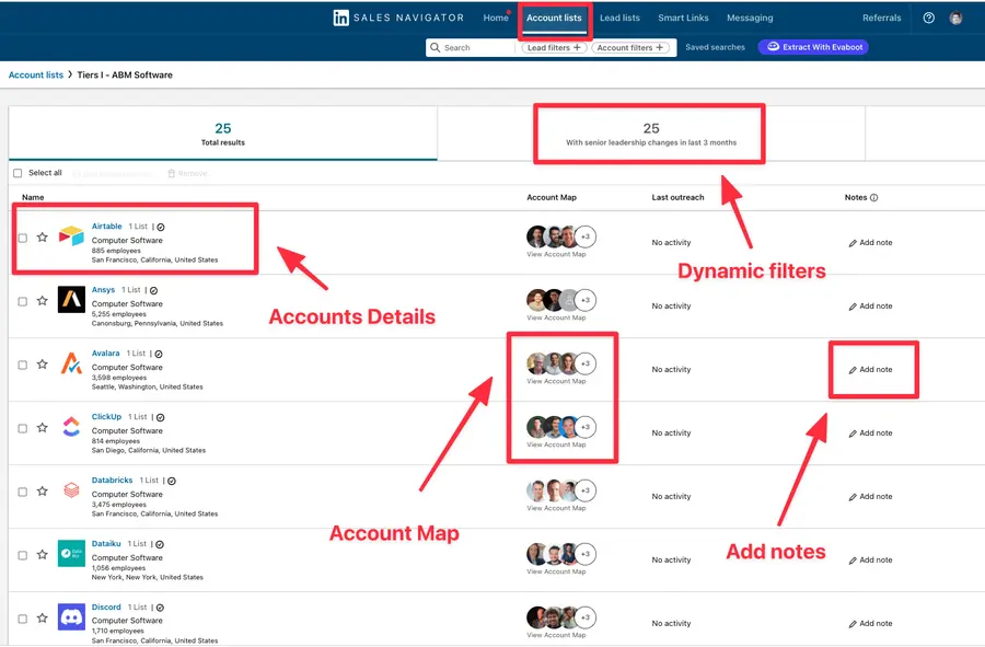 interfaccia per la lista dei profili, sales navigator