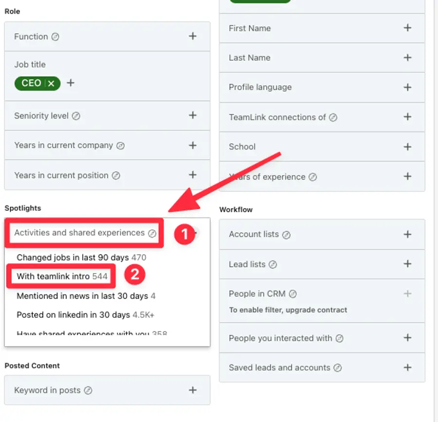 how to use linkedin teamlink filter
