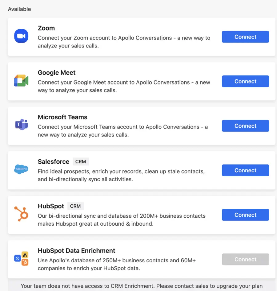 apollo io integrations with different platforms