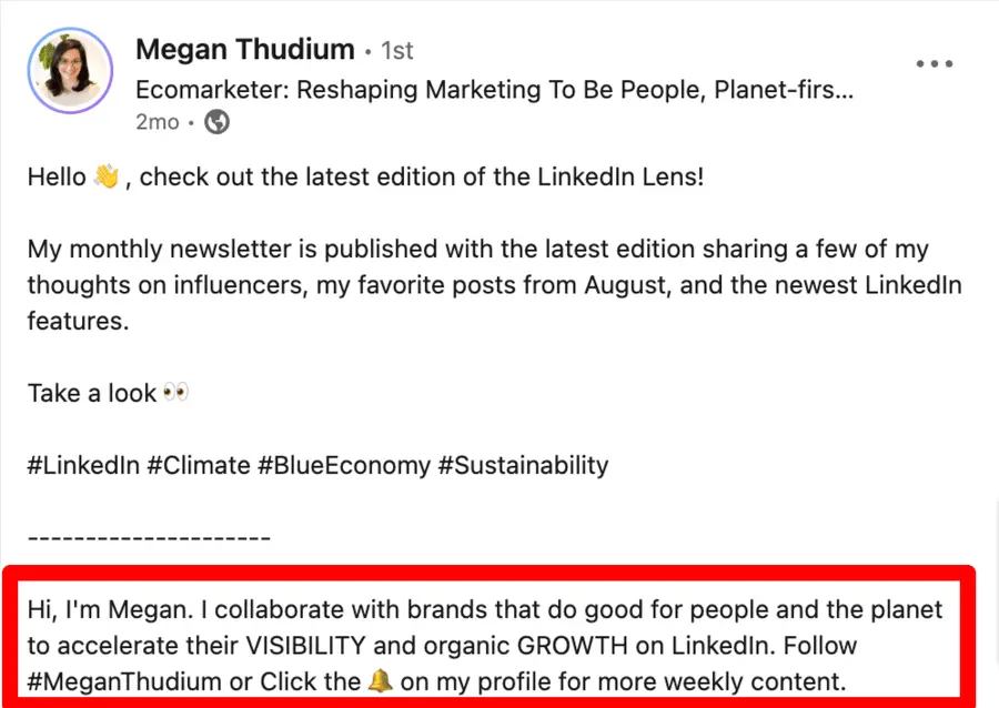 Bio with contact info in post