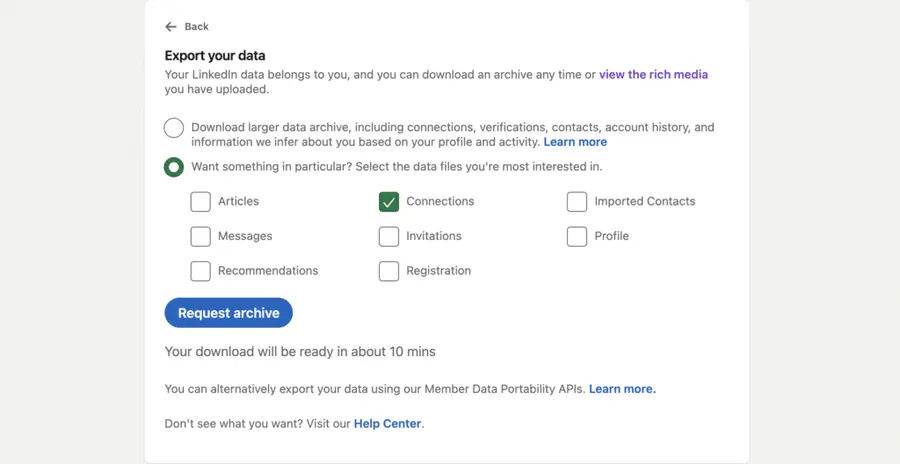 choose the linkedin profile data you want to export