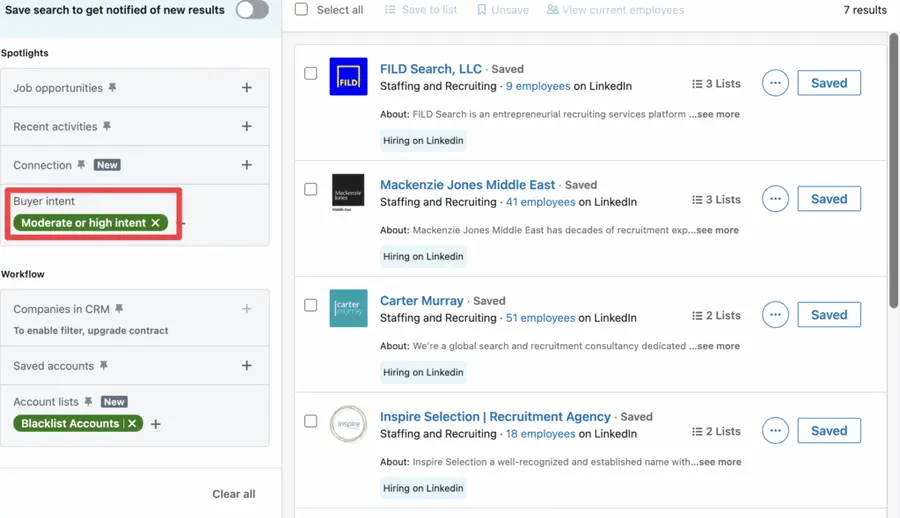 filter on sales navigator by buyer intent