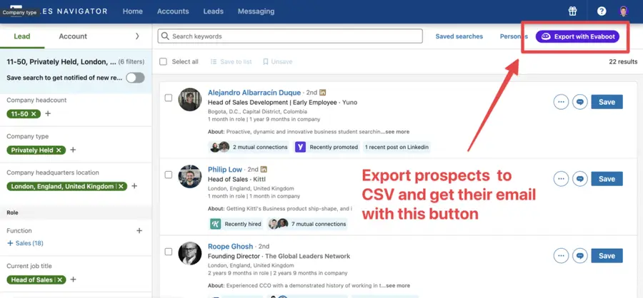export sales prospecting lists CSV file