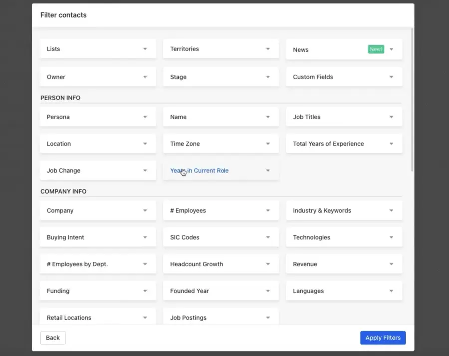 filter contacts by personal or company info on apollo.io
 