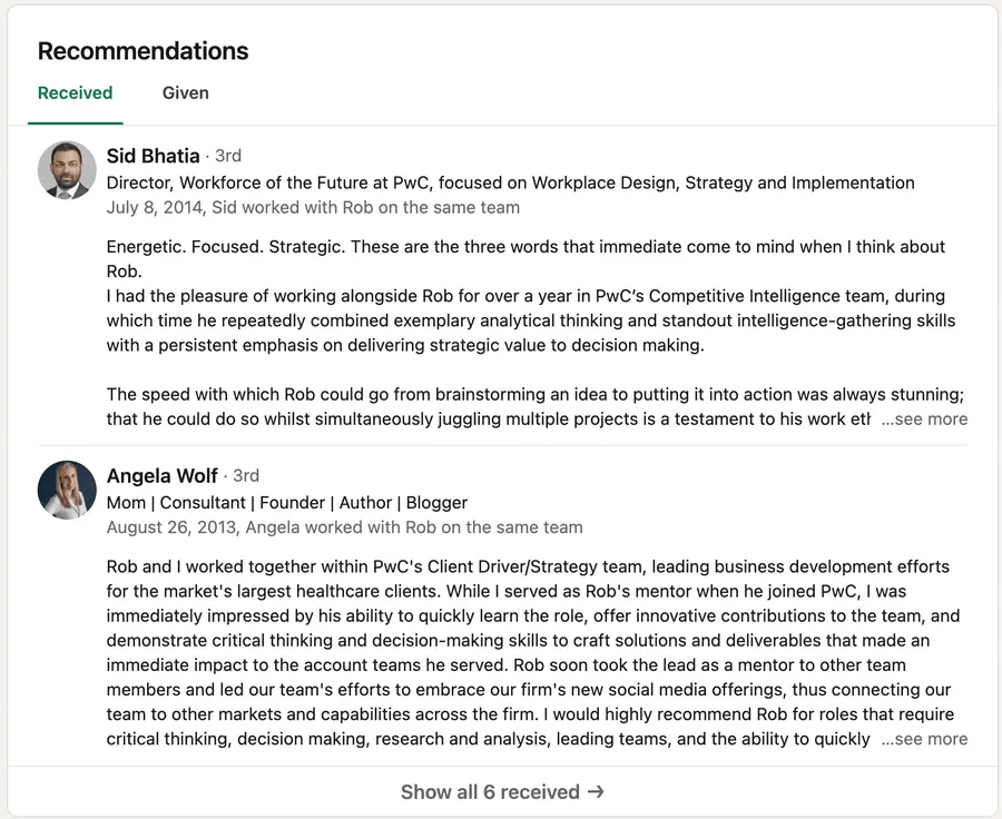 LinkedIn recommendations example