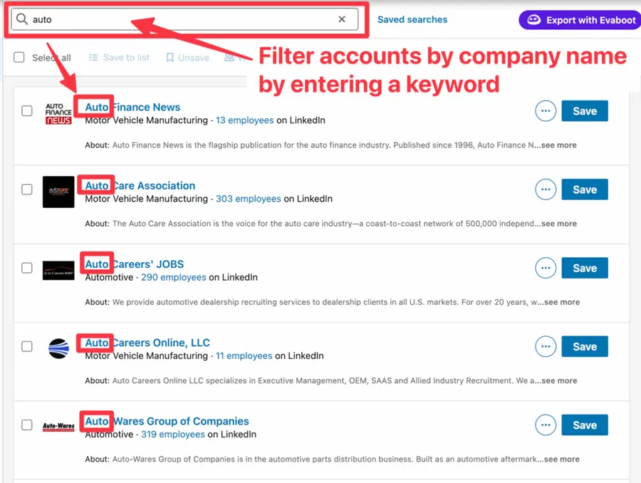 how to filter linkedIn sales navigator contacts by company name keywords