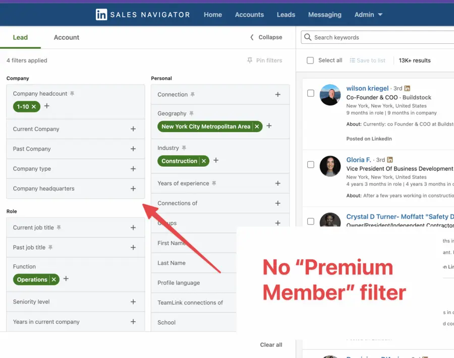 no premium member filter on sales navigator