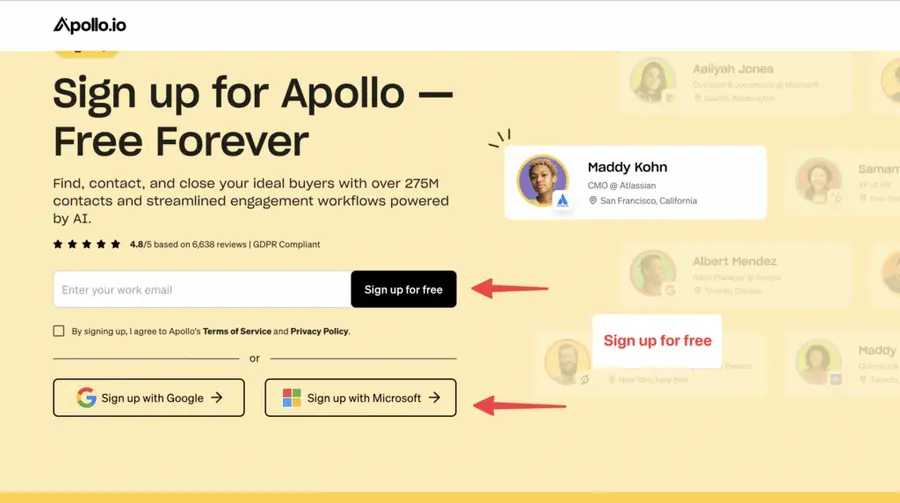 sign up for free for apollo.io