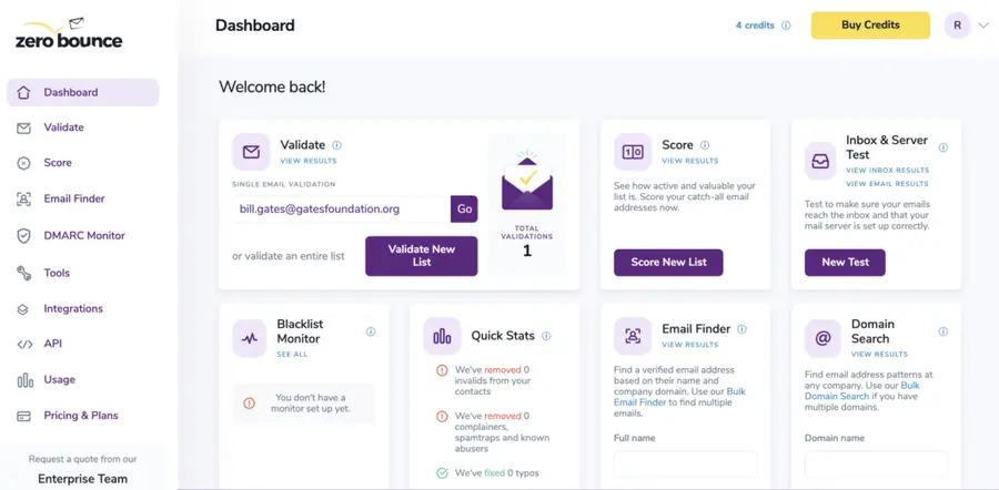 zerobounce email verifier tool interface