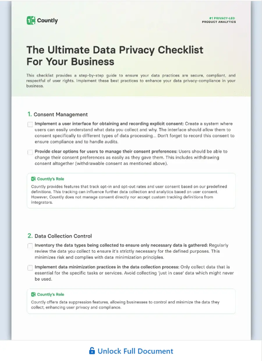 Countly's data privacy checklist for businesses, outlining steps for consent management and data collection control, with additional insights on Countly's role
