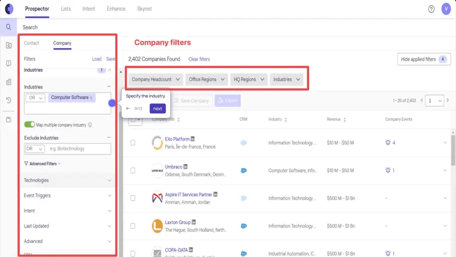 cognism company filters