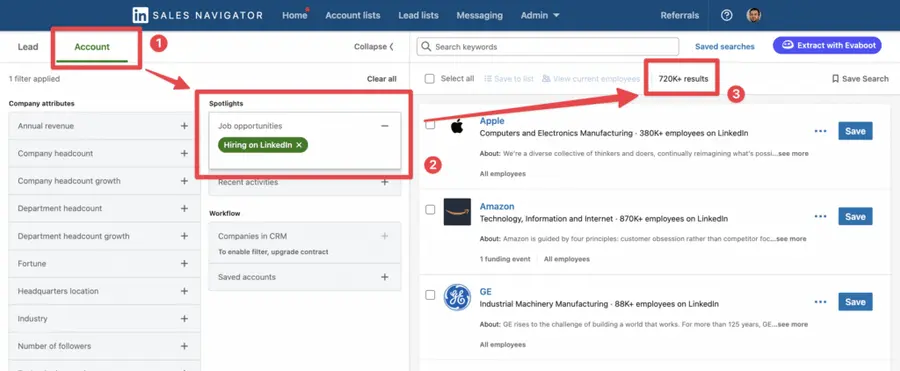 hiring filter sales navigator account search