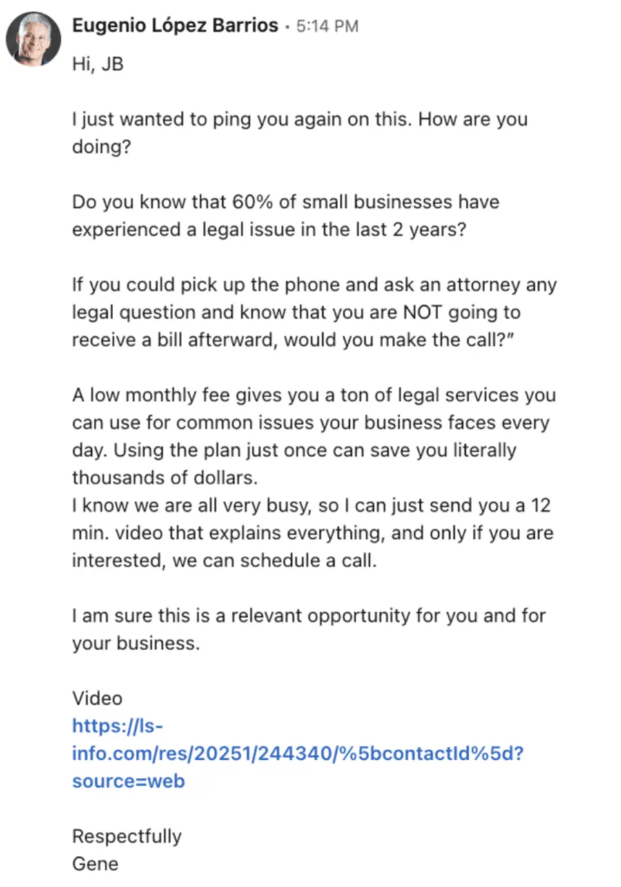 bad linkedin outreach message example 