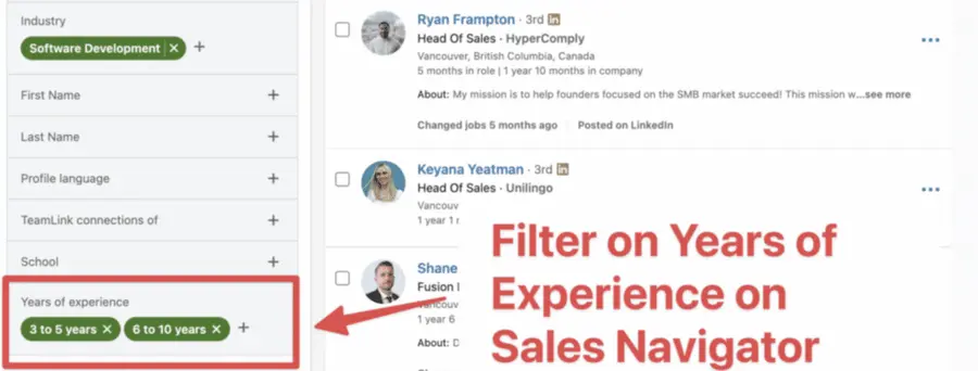 year of experience filter sales navigator 