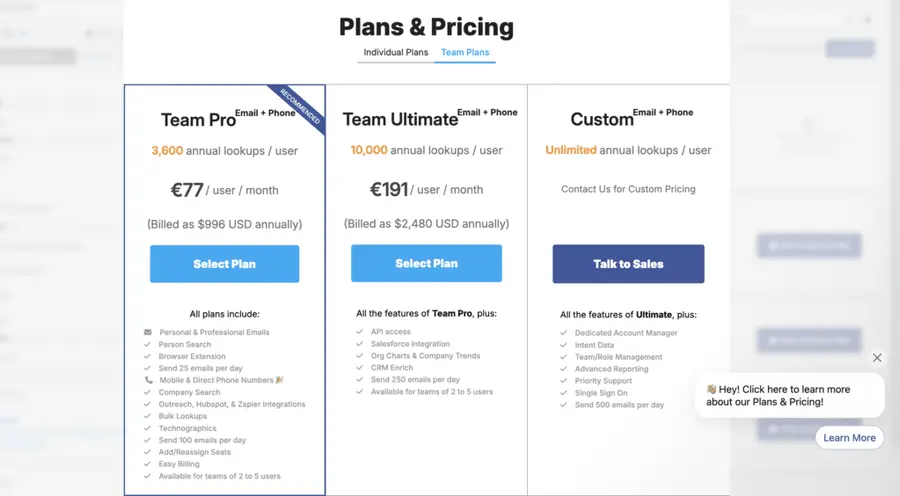 RocketReach team pricing plans