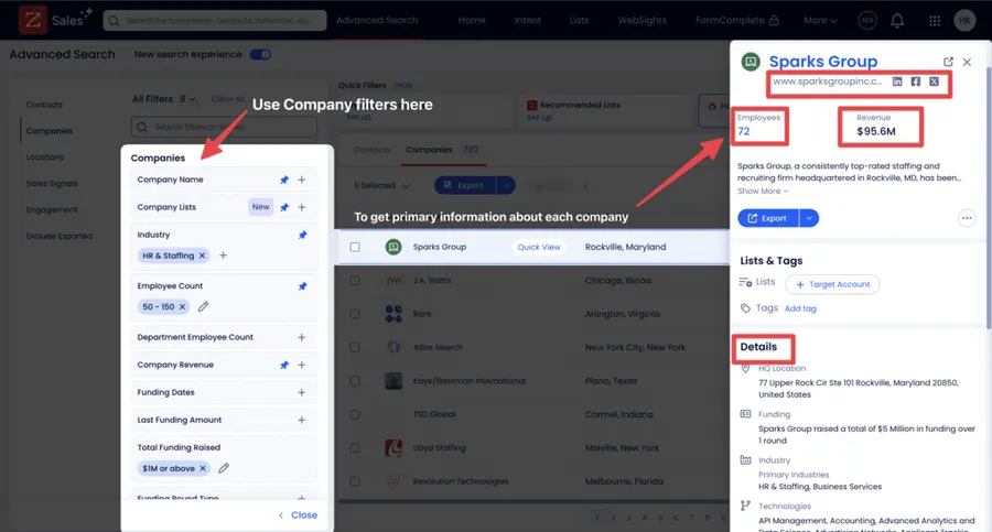 use company filters zoominfo