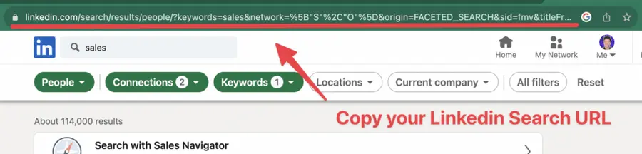 copiare l'url di ricerca di linkedin per esportare