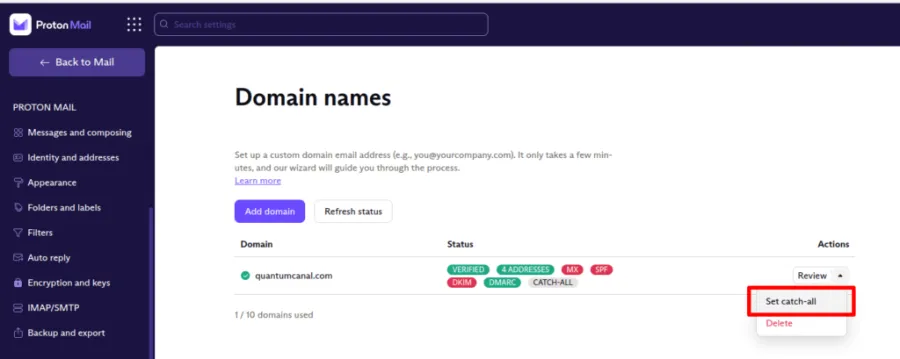 set up catch all proton mail