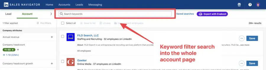 account keyword search filter