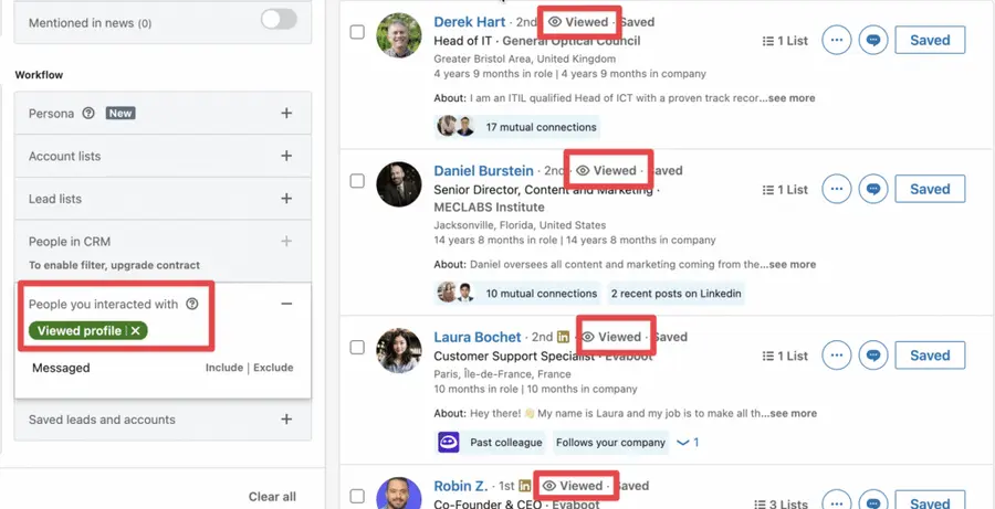 filter your leads by people you interacted with