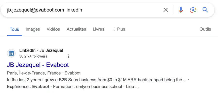 find linkedin from email on google
