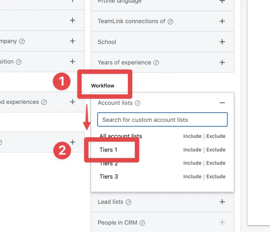 elenco profili filtro sales navigator