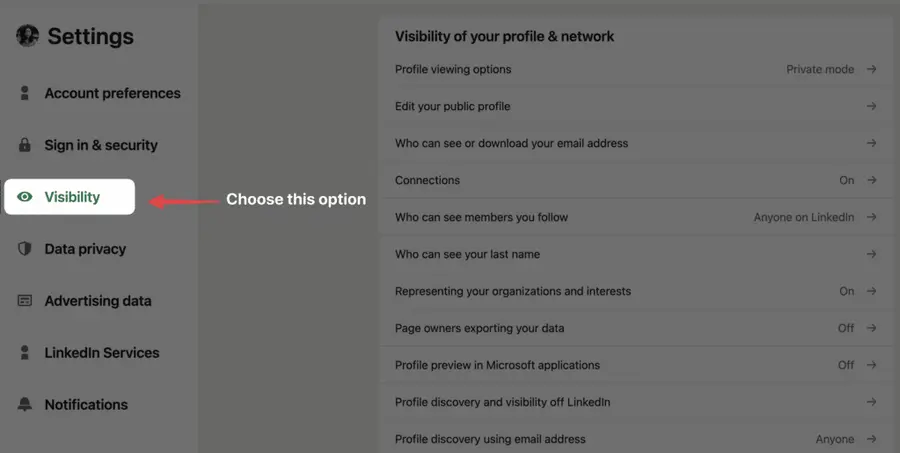 where to find visibility option on linkedin