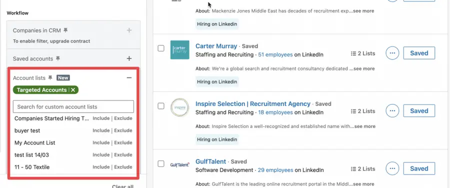 account lists filter on sales navigator