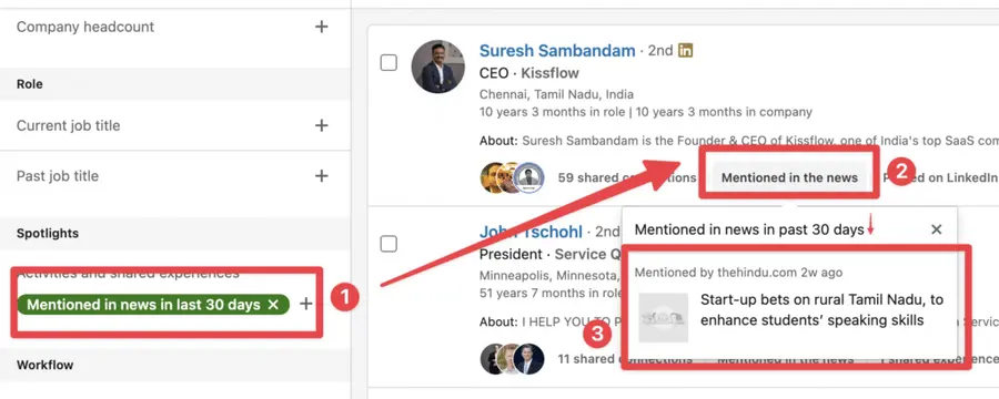 mentionned news sales navigator search filters
