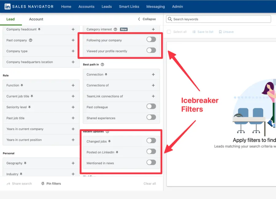 icebreaker filters sales navigator