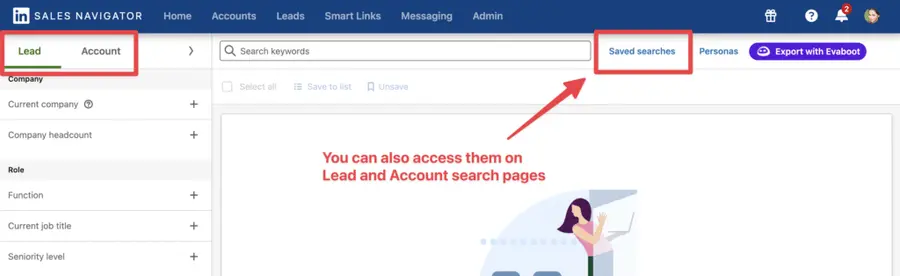 find saved searches on lead and account search pages