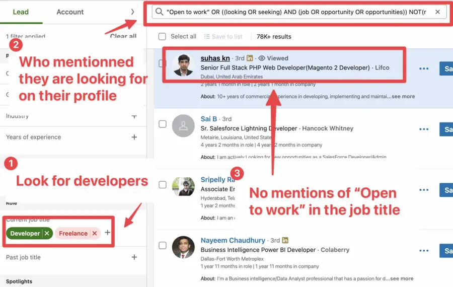 look for open to work profiles with linkedin keyword filter 1