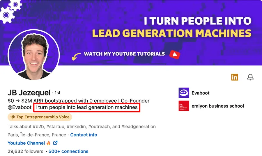 LinkedIn headline example value proposition