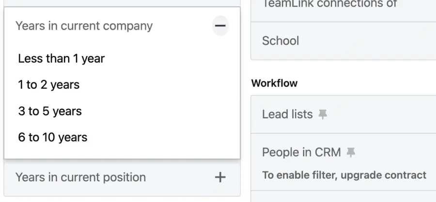 year in current company search filter