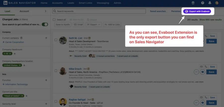 L'extension Evaboot est le seul moyen d'exporter les leads depuis LinkedIn Sales Navigator