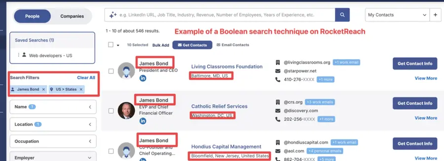 boolean search technique on Rocketreach