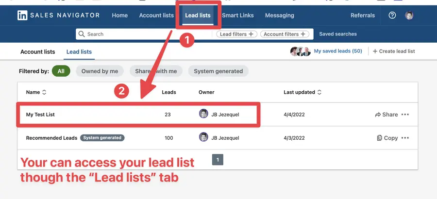 how to open a lead list on sales navigator 